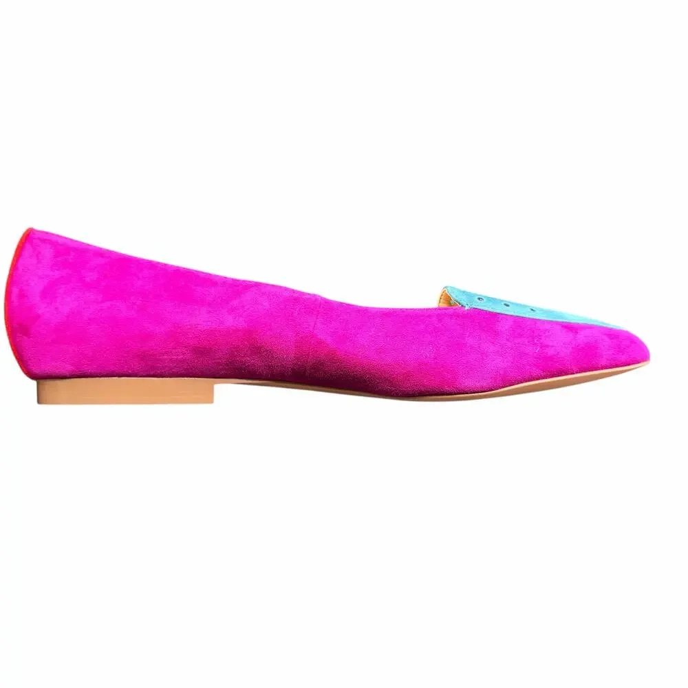 Brian Atwood Suede Flats 9.5 Pink Blue Pointed Toe Colorblock Perforated